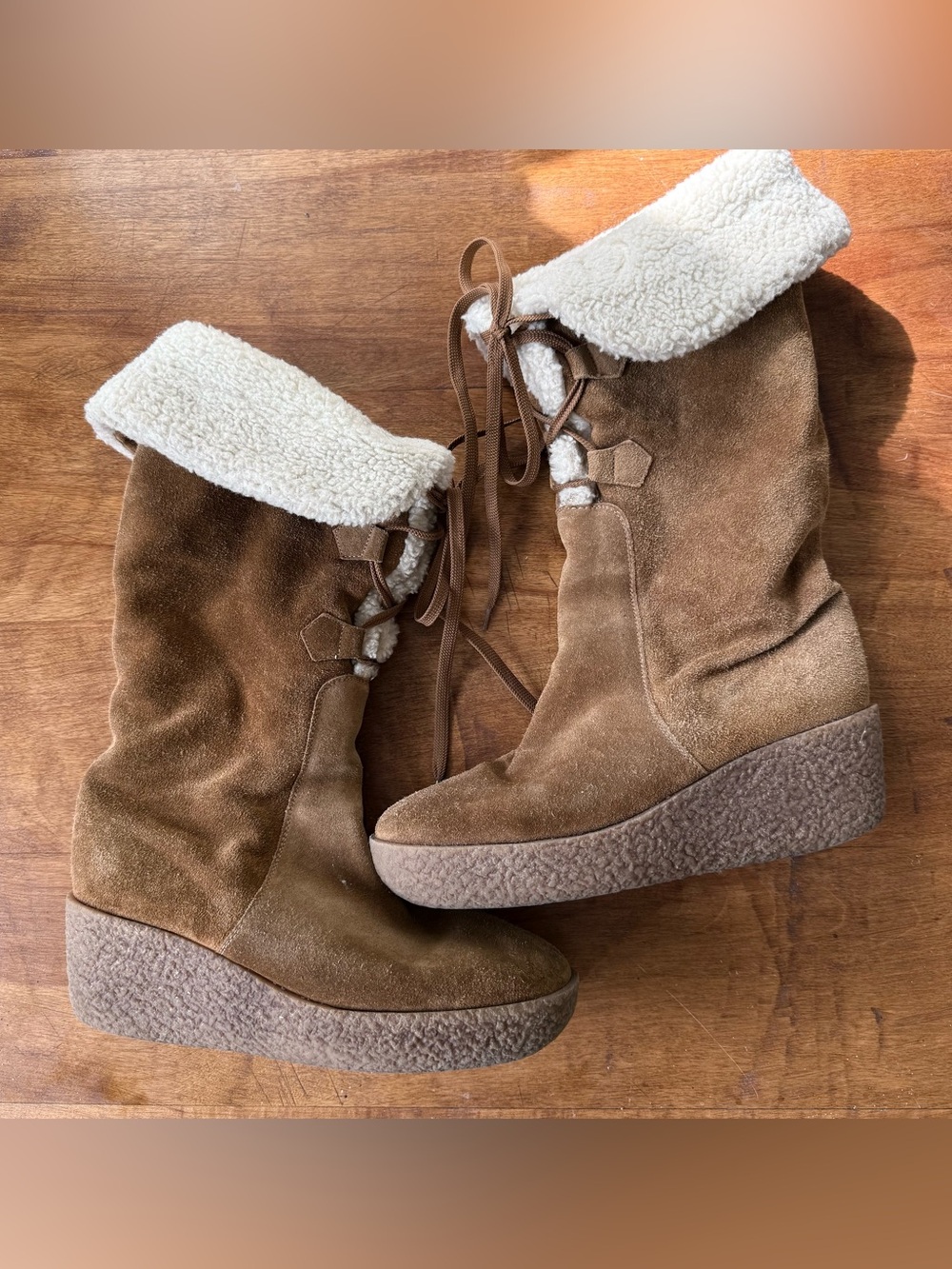 Michael Kors Italian Fleece Lined Suede Lace Up Tan Wedge Knee High Boots